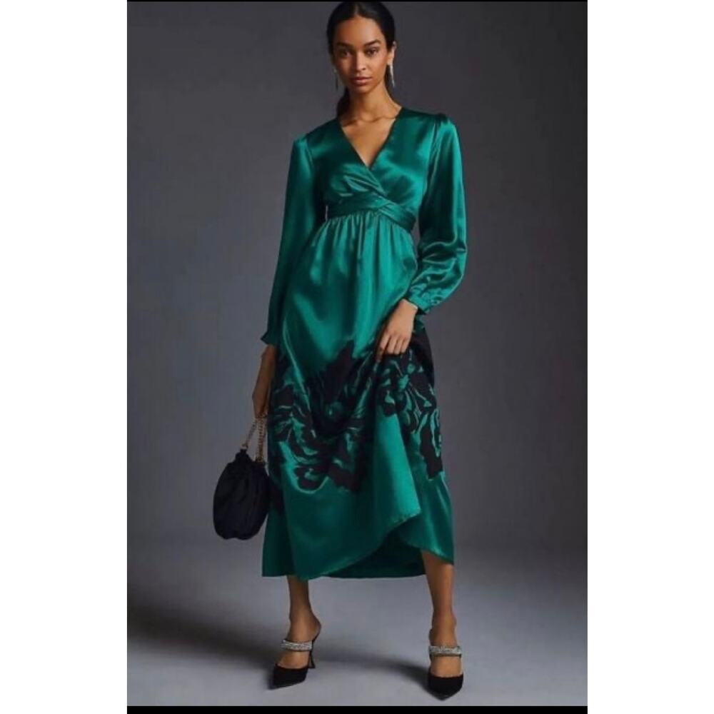 Anthropologie x Nikasha Embroidered Satin Maxi Dress Emerald Green Size Medium - Picture 1 of 12